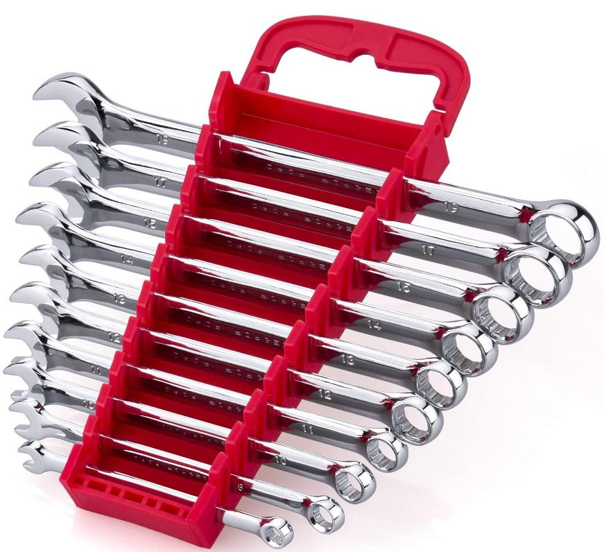 Max Torque 10-Piece Premium Combination Wrench Set Chrome Vanadium Steel Long Pattern Design with Storage Rack Organizer