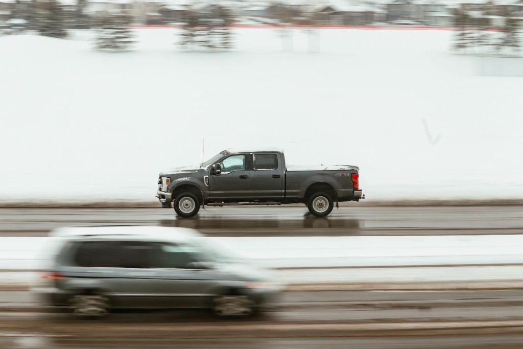 Diesel pickup truck running AMSOIL diesel oil in winter conditions